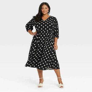 Ava & Viv B&W Pola Dot Midi Dress with Pockets! 2X